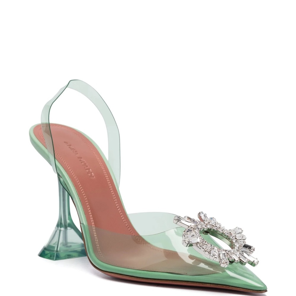 Amina Muaddi Green Crystal Slingback Heels